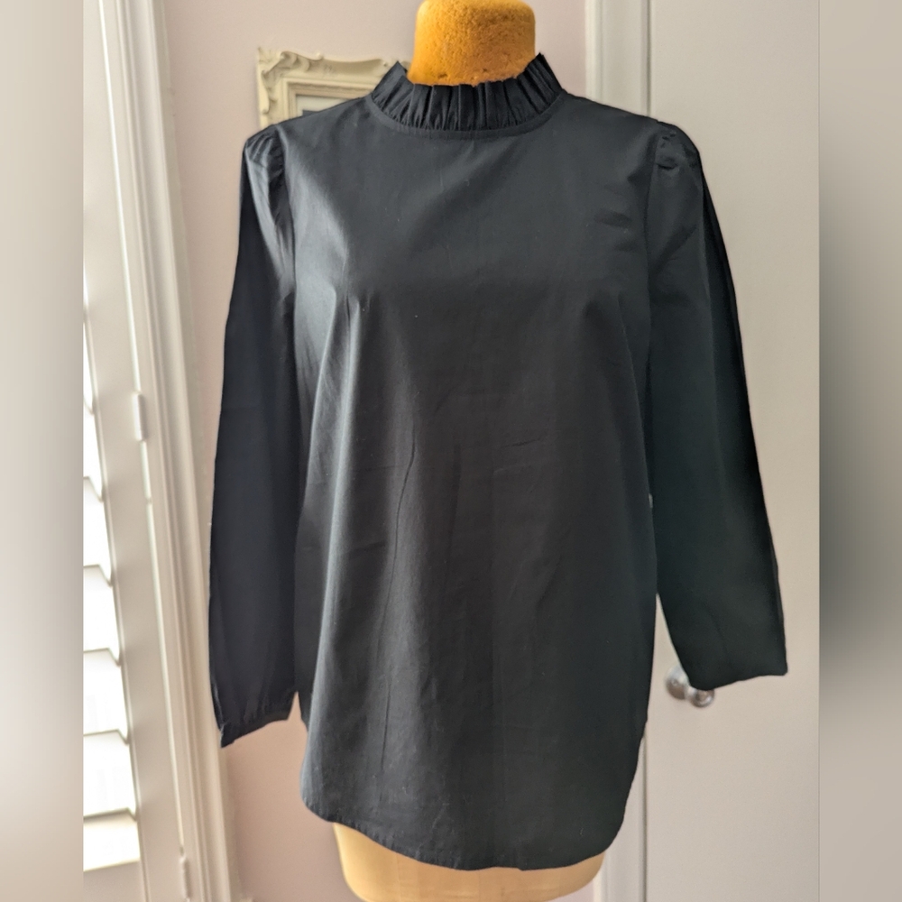 J.Crew Black Ruffle Neck Cotton Blouse size Small Elegant Black Women's Top